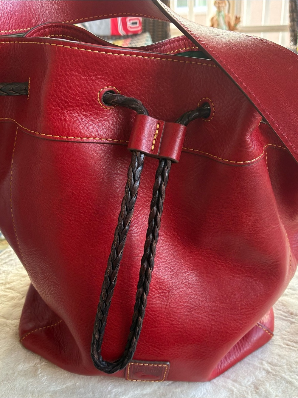 Dooney & Bourke Red Florentine Leather Bucket Drawstring Bag